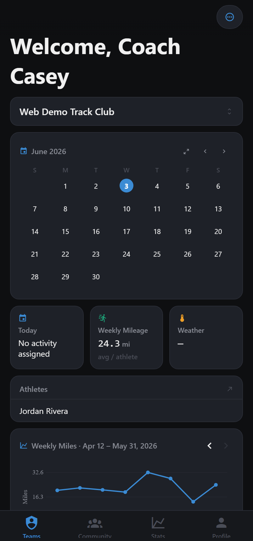 Aero coach dashboard — team calendar, weekly mileage, and athlete roster